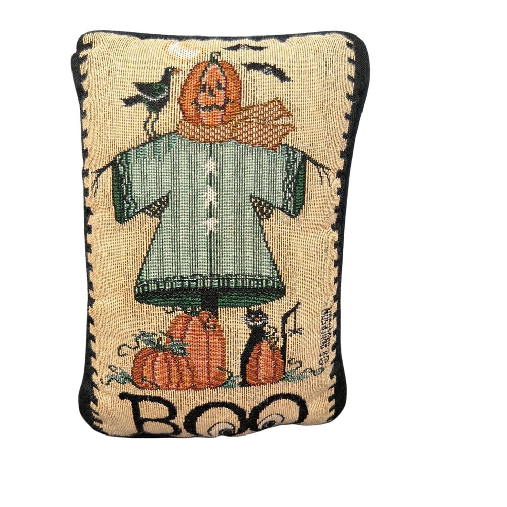 Halloween Scarecrow Decorative Pillow With Pumpkins Cats & Boo Text Design